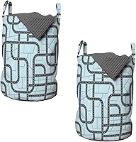 Vista 18 de Lunarable Bolsa de lavandería de tren, patrón de dibujos animados de locomotora dibujada digital con rieles de ferrocarril, cesta con asas, cierre