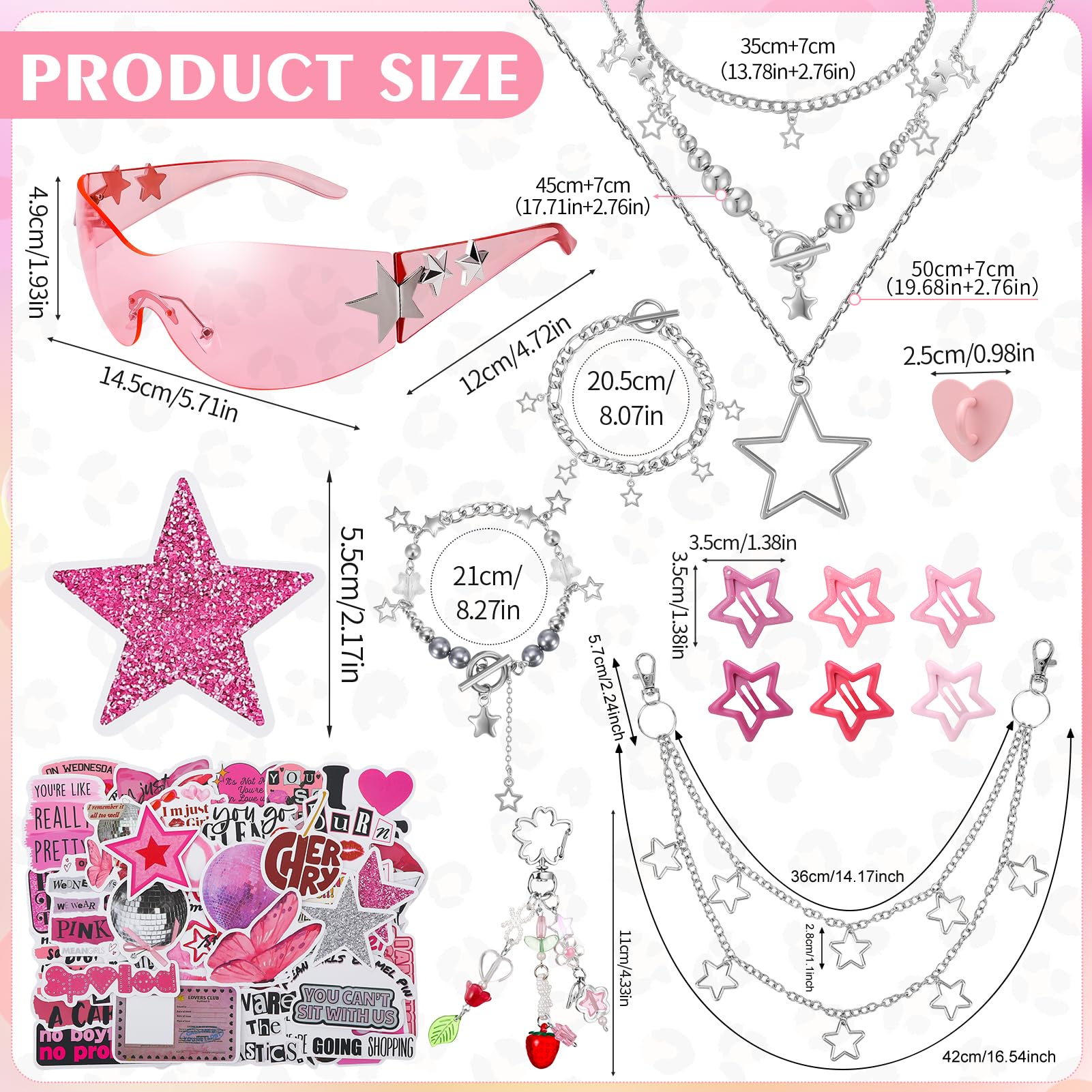 Y2k Accessories Set Included Star Y2k Silver Necklace Grunge Layered Necklace Y2K Sunglasses Star Hair Clip Y2k Silver Hair Clips Keychain Hip Hop Pants Chain Vintage Jewelry Set for Women: Cute Style
