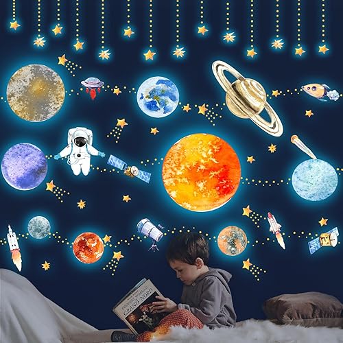 Miniatura 3 de Calcomanías de pared que brillan en la oscuridad, planetas y estrellas, astronauta luminosa, galaxia, cohetes espaciales, decoración de techo para