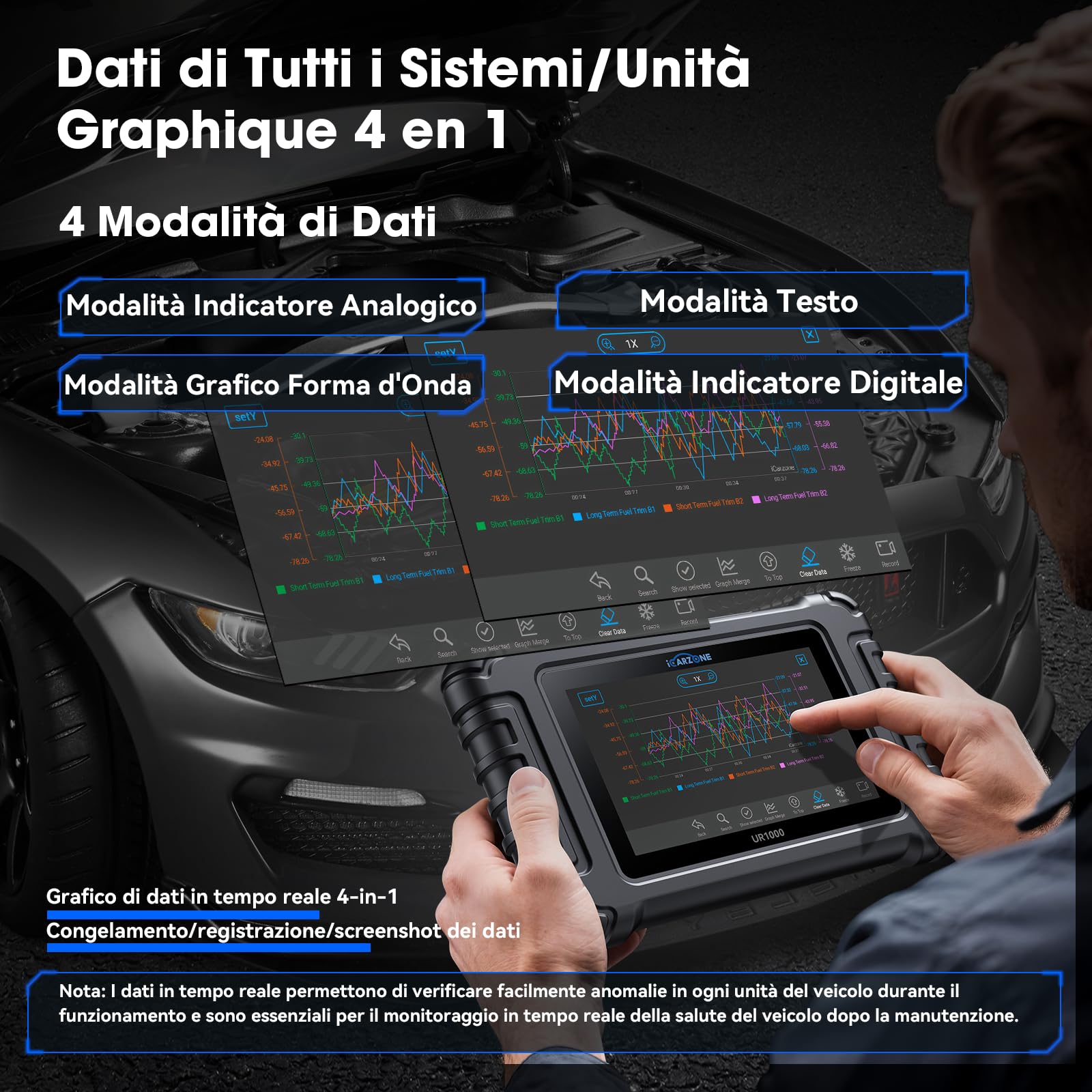 UR1000 Auto Diagnostica, Diagnosi Auto Professionale in Italiano per Tutti i Sistemi, 50 Funzioni di Reset, 10000+ Test Bidirezionale, VIN Automatico, CANFD, Program TPMS, Aggiornamento WiFi