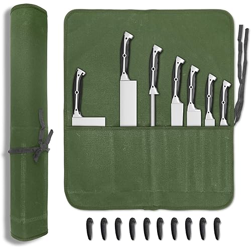 Knife Roll, Chef Knife Bag, Waxed Canvas Heavy Duty Knife Pouch with 7 Slots, Knife Bags for Chefs Professional with Knife Tip Protectors Tool Storage Roll for Kitchen Travel Camping (Army Green)