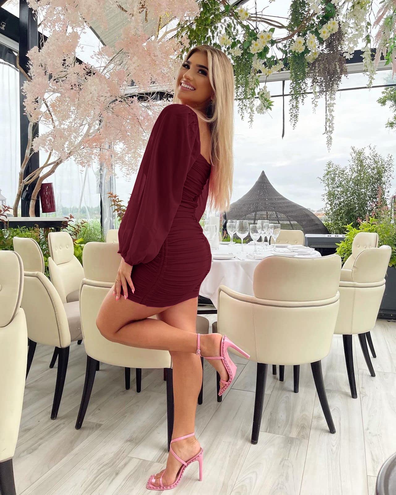 Wenrine Damska siateczka, długi rękaw, kwadratowy dekolt, marszczona sukienka na imprezę, do klubu, koktajlowa, bodycon, mini sukienka