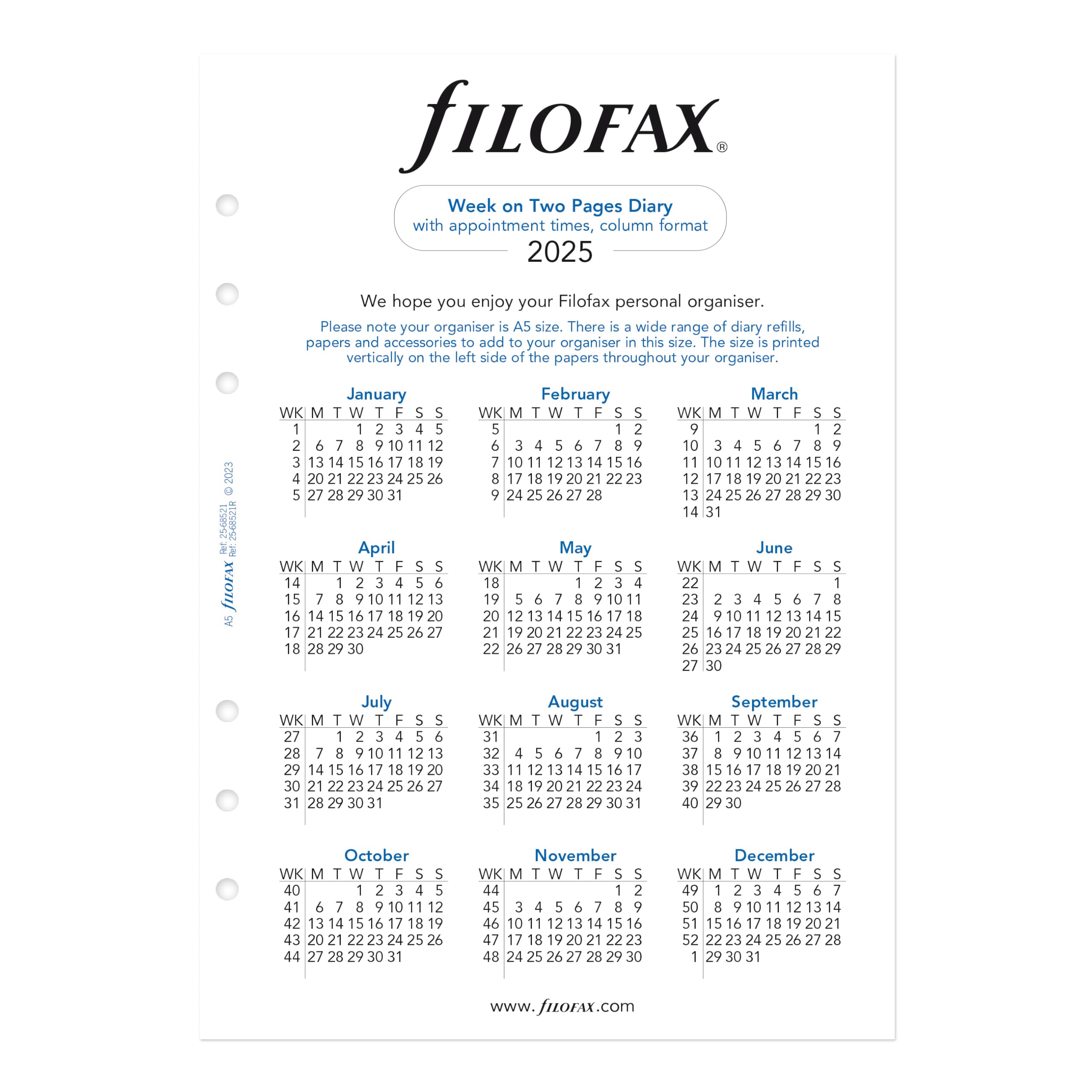 Filofax Ricarica per agenda con calendario, formato A5, visualizzazione settimanale con appuntamenti, carta bianca, in lingua inglese 2025 (C68521-25)