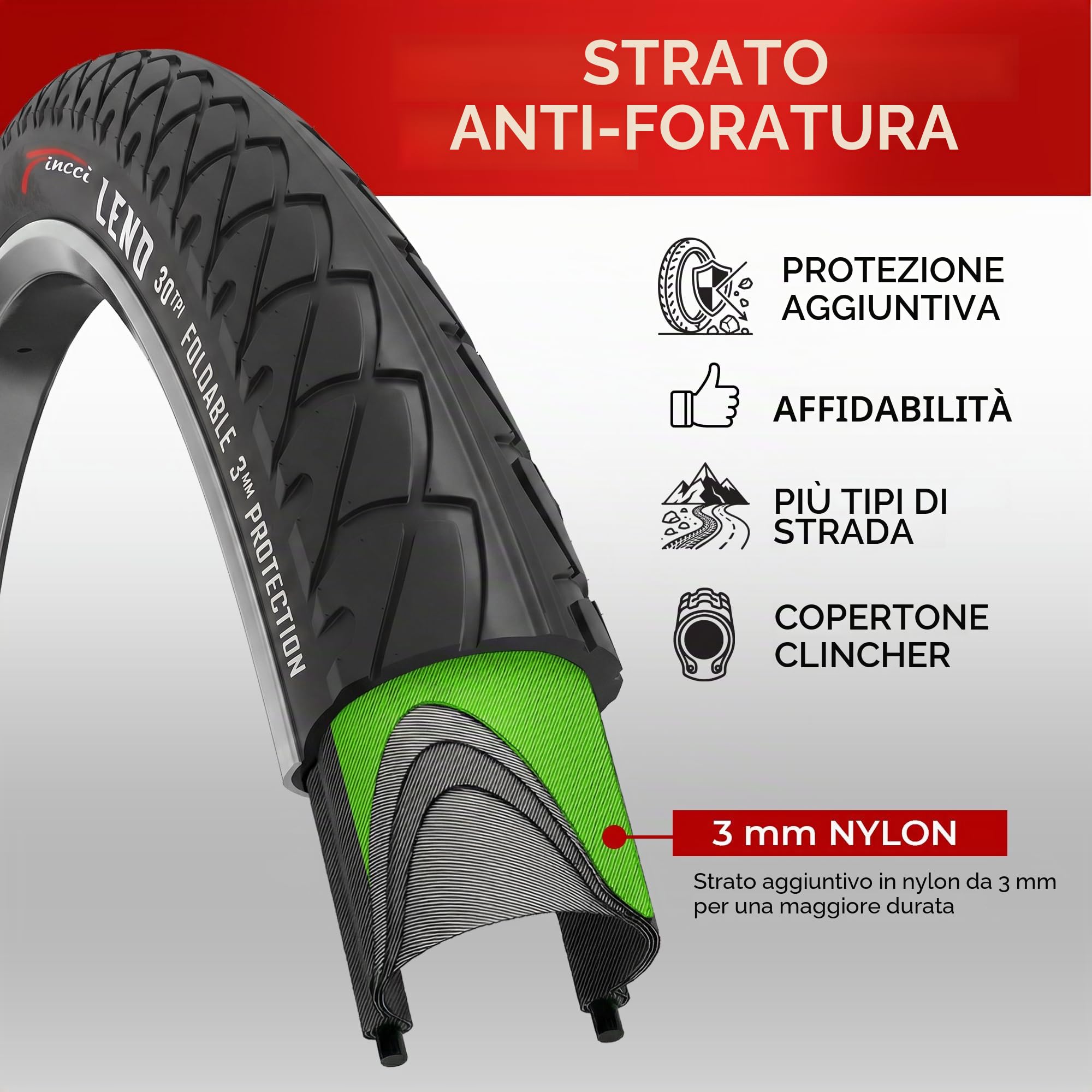 Fincci Pneumatici Bici 26 x 1.95 50-559 con Protezione Antipuntura 3mm | Copertone Bici 26x1.95 50-559 con TPI 30 e Pressione 40-60 PSI per una Maggiore Resistenza alle Forature - Set da 2