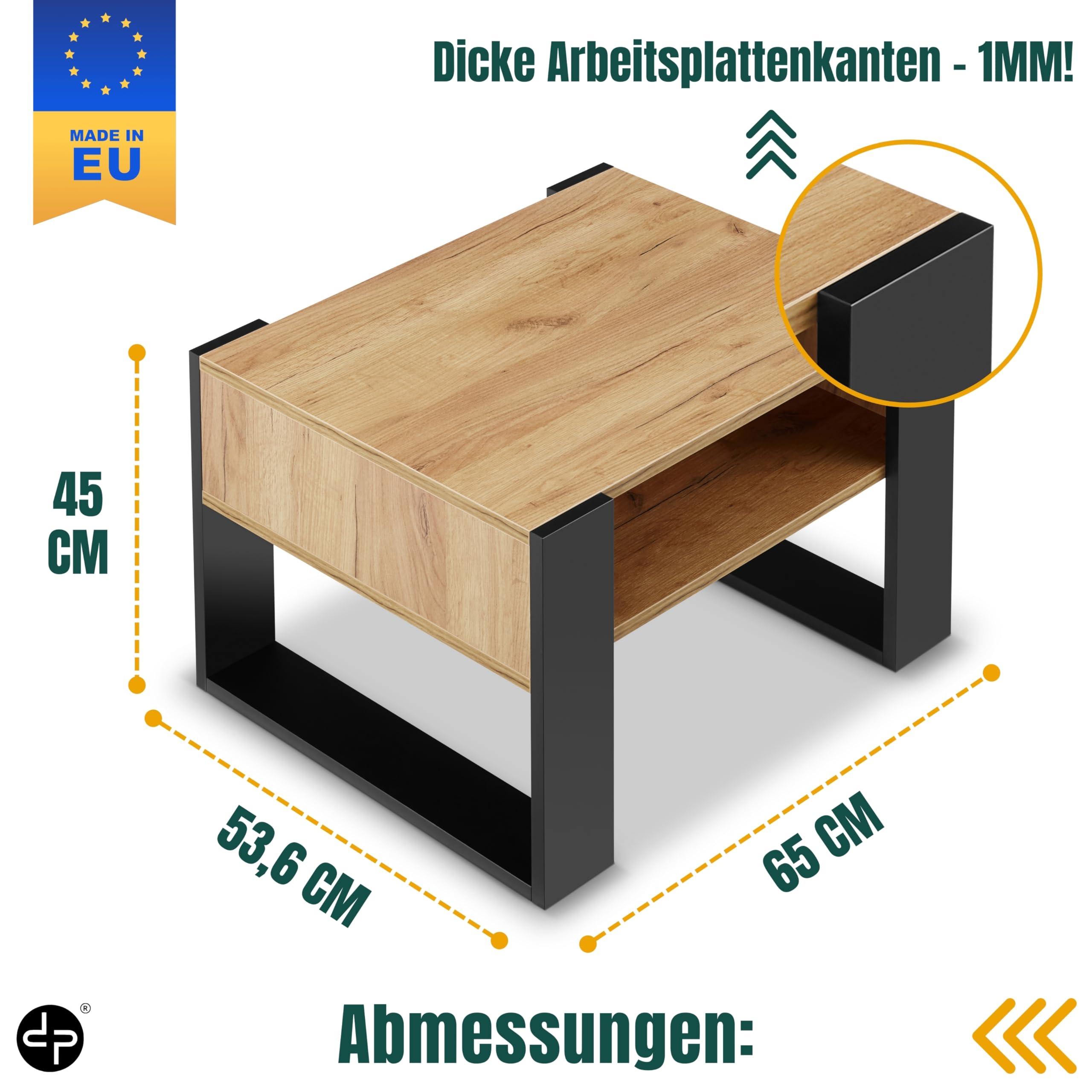 defiPad Wohnzimmertisch für Couch | Klein Couchtisch Schwarz Eiche mit Stauraum | Modern Tisch Wohnzimmer | Coffee Table | Kleiner Tisch | 65CM Breite Kaffeetisch | Stabil Stubentisch