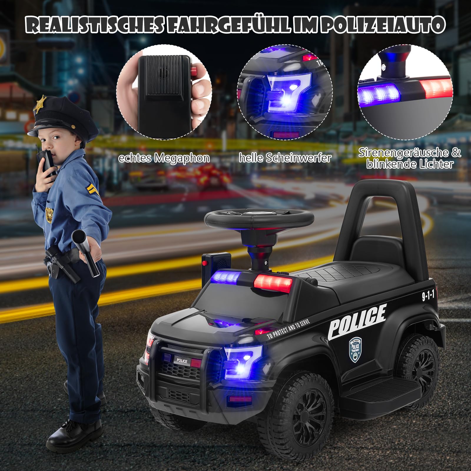 DREAMADE 6V Kinder Elektroauto, Elektrofahrzeug mit Sirene & LED Lichtern & Musik & Hupe, Batteriebetriebenes Kinderfahrzeug, für Kinder ab 18 Monate (Schwarz)