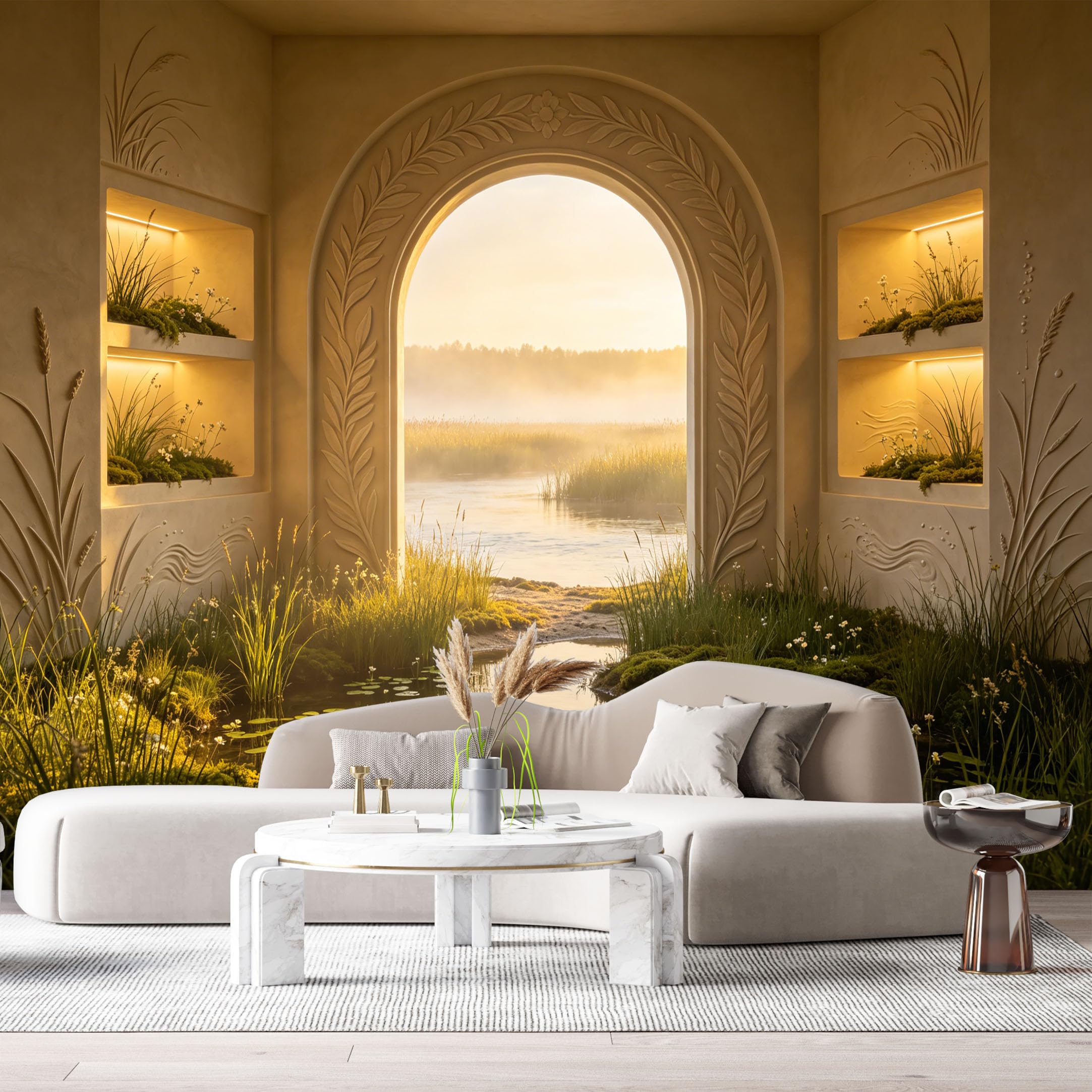 Custom Size Wall Murals Landscape Lake Sunset Archway 3D Trompe L'Oeil SelfAdhesiveWall Fabric Removable Wallpaper Wall Decor for Living Room Bedroom Bathroom