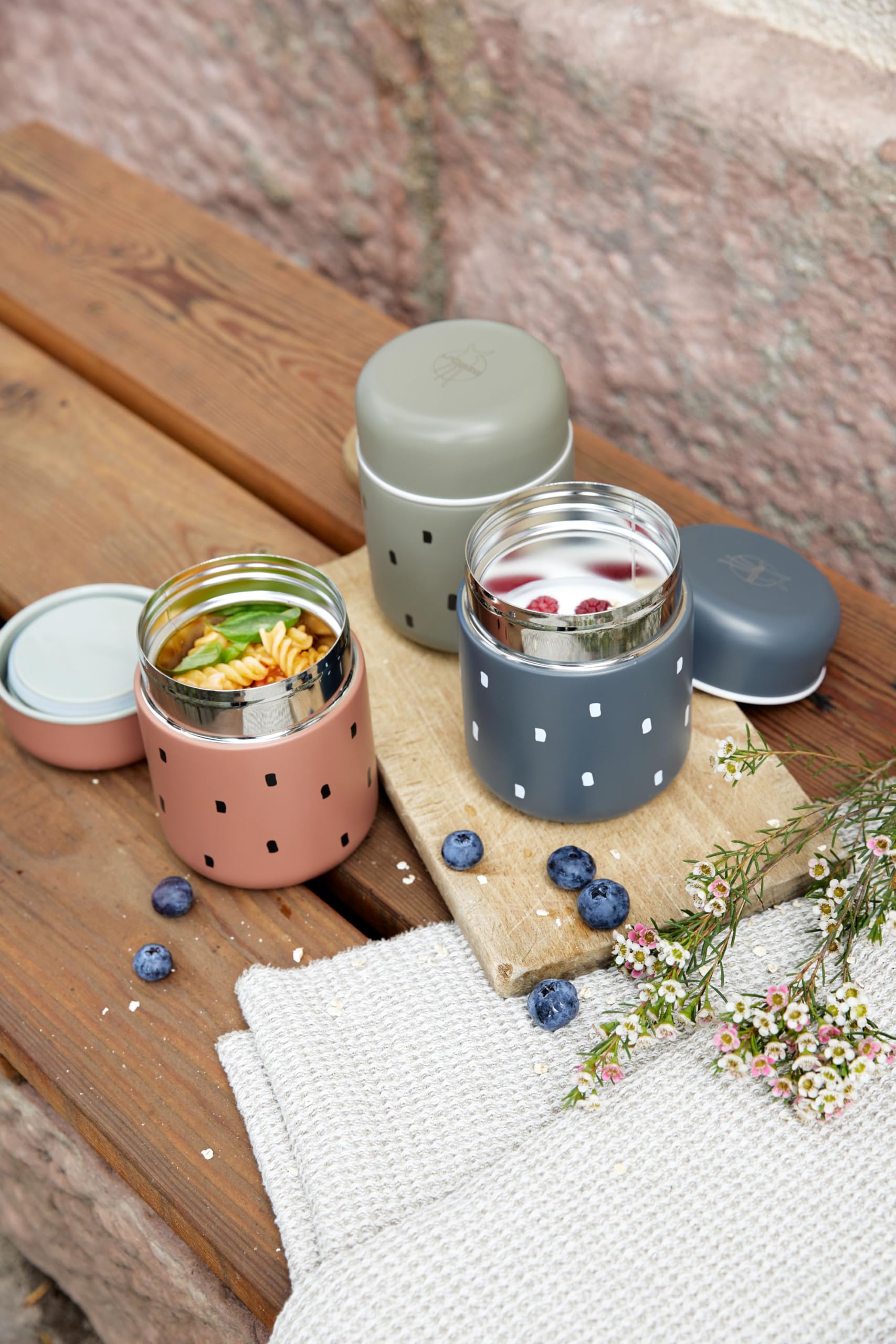 LÄSSIG Termiczny pojemnik do podgrzewania dla niemowląt, owsianka, szczelny, stal nierdzewna, 350 ml/Food Jar Happy Prints midnight Blue