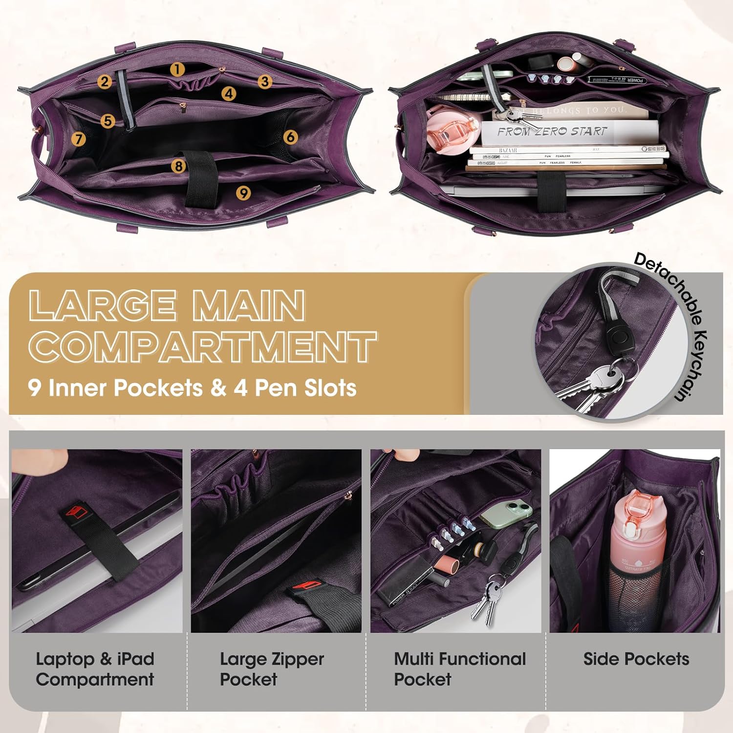 NEWHEY Laptop Bag for Women 15.6 Inch Work Tote Bags Leather Computer Bag with Clutch Purse Professional Office Briefcase Waterproof Handbag for Business Travel College, Deep Purple - Image 3