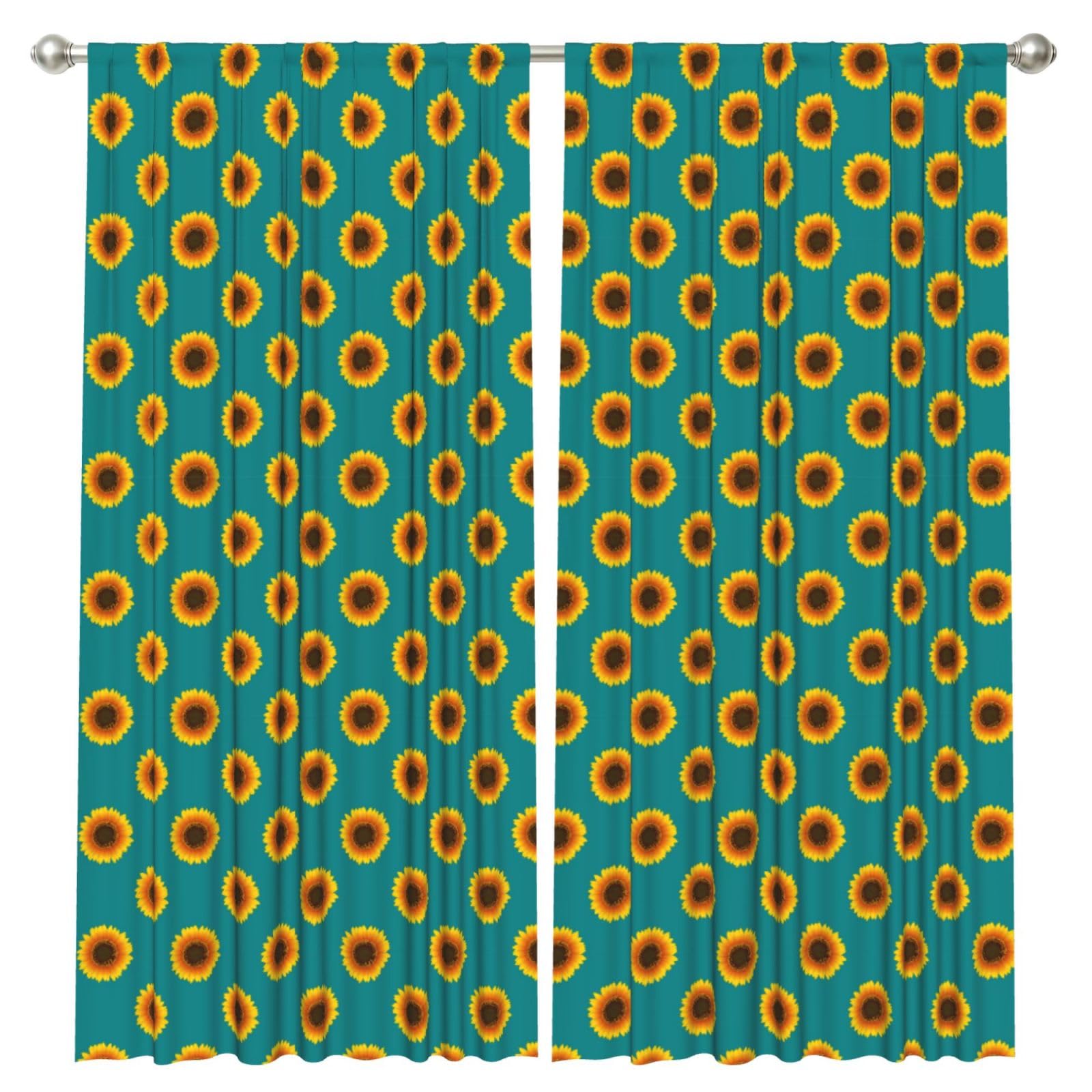 InOmak Sunflower Seamless On Green Teal Background, 2 Panels Window Curtains 52 x 84 Inch Blackout Curtains for Living Room Bedroom