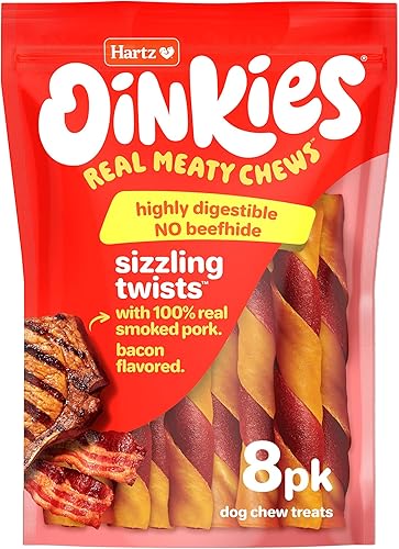 Hartz Oinkies Sizzling Twists Golosinas masticables naturales para perros con sabor a tocino, sin piel cruda, 8 unidades