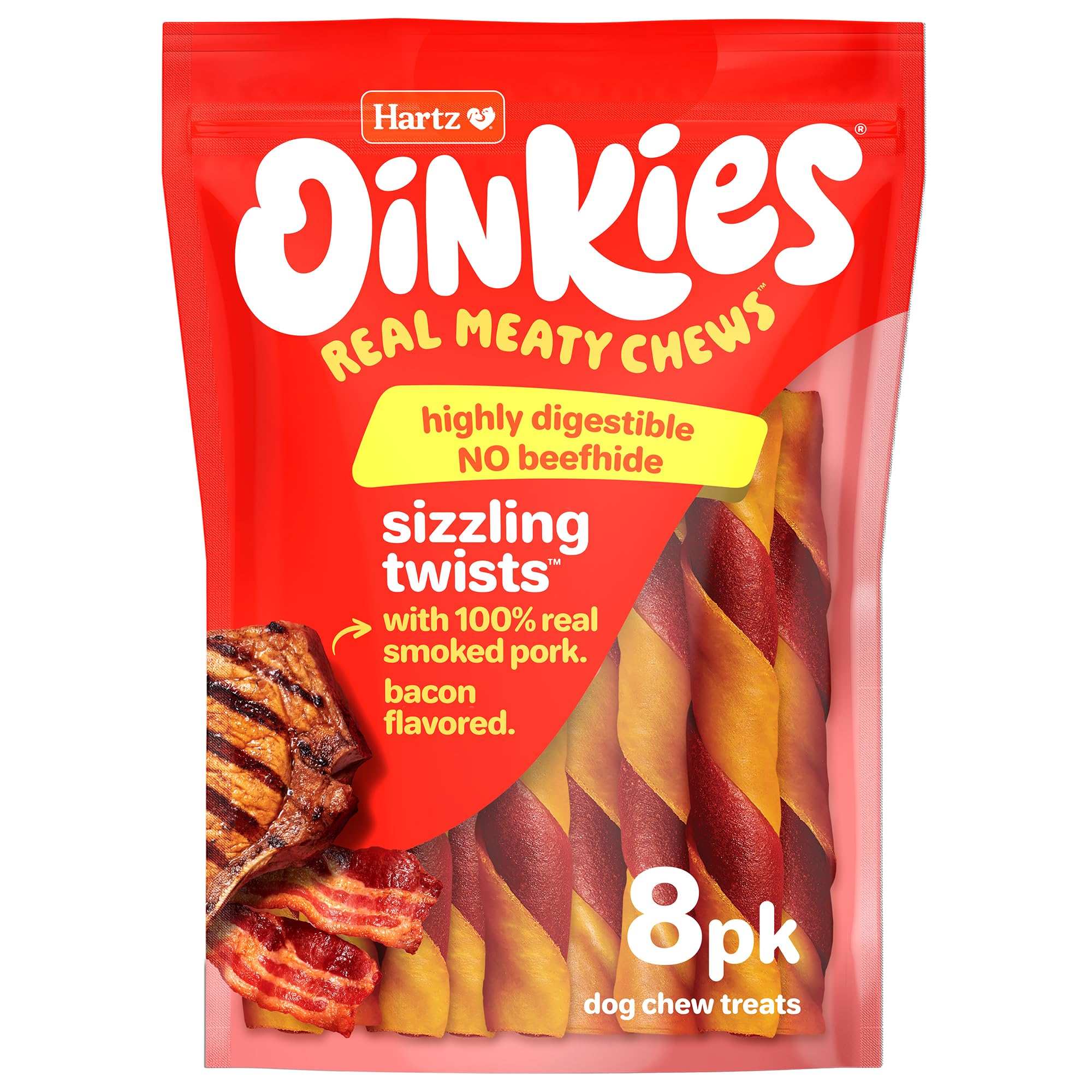 Hartz Oinkies Sizzling Twists Bacon Flavored Rawhide-Free Natural Chew Dog Treats, 8 count