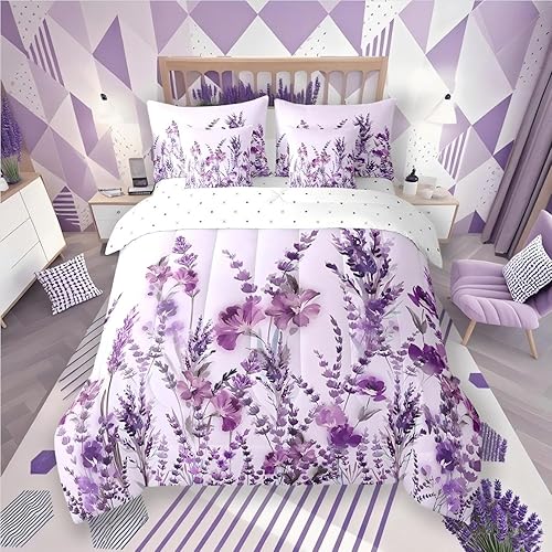 Erosebridal Purple Floral Bed in a Bag Queen Comforter Set 7 Piece,Plant Leaf Be