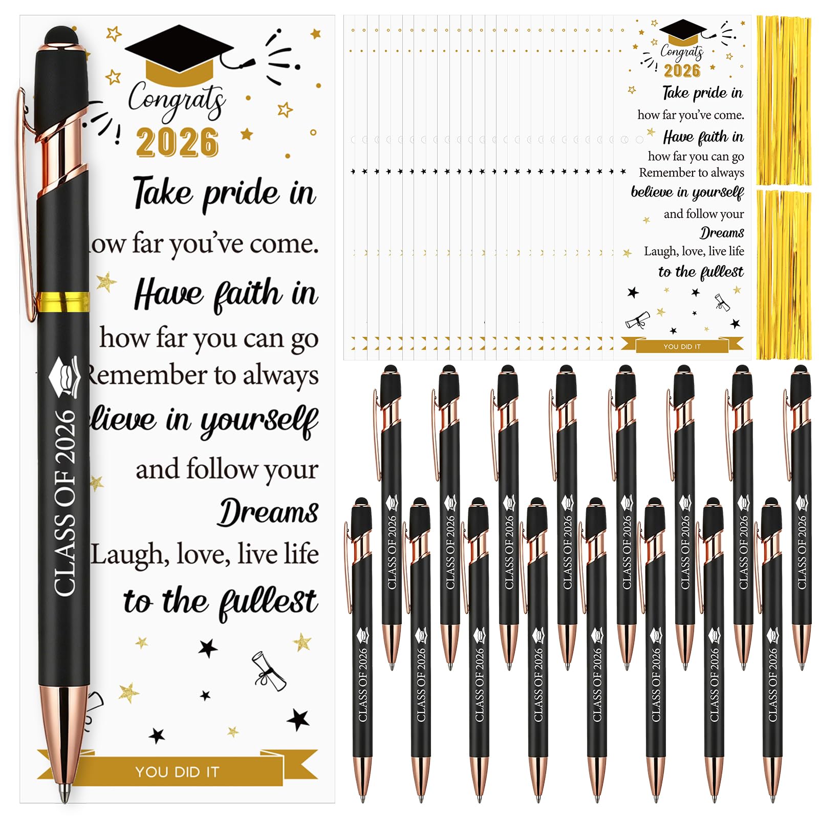24 Sets Graduation Gifts Bulk Class of 2026 Graduation Party Favors Ballpoint Pen with Stylus Tip Inspirational Cards and Gold Twist Ties Black Ink Retractable Pen for College Senior High Graduates
