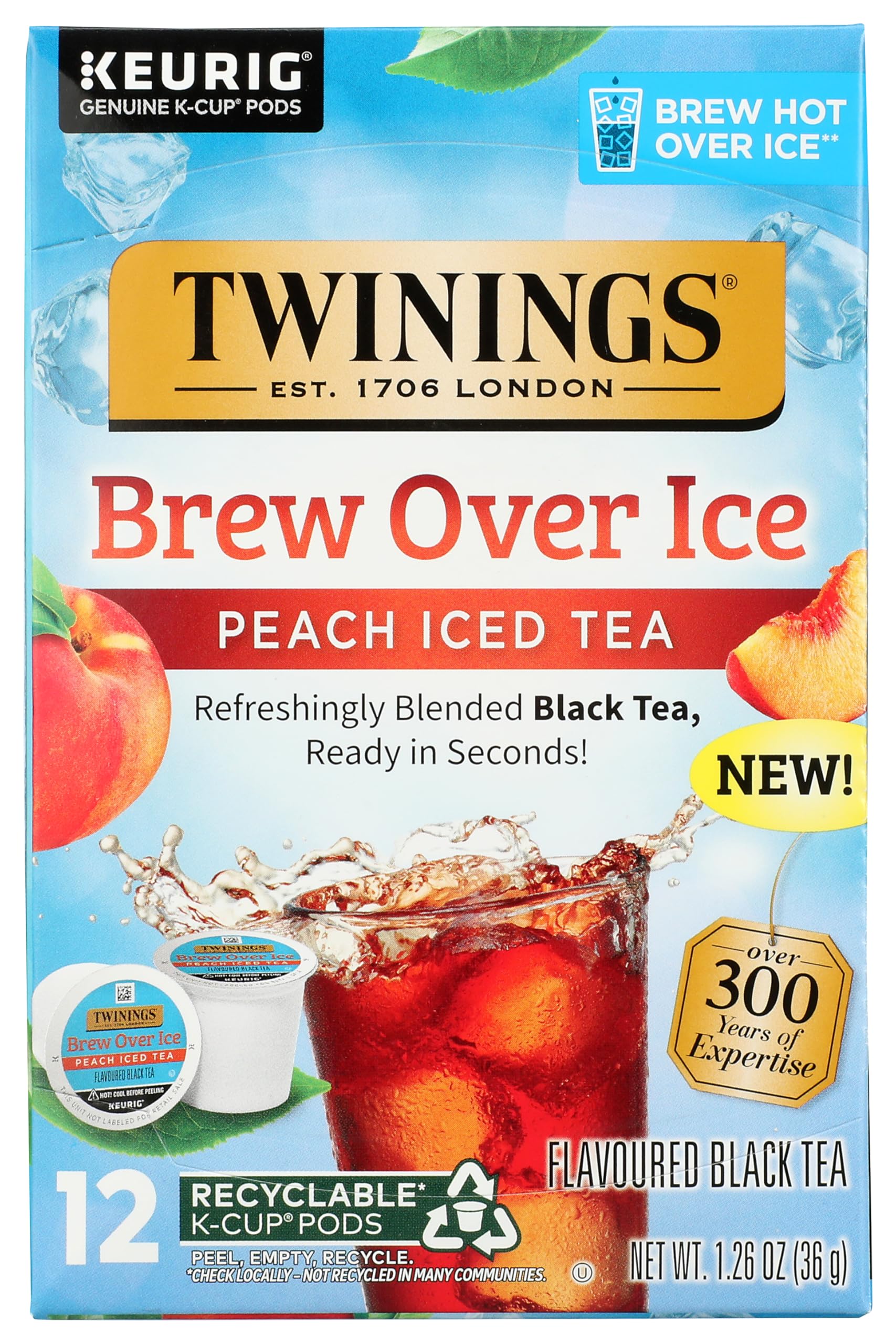 Twinings Brew Over Ice Unsweetened Peach Flavoured Black Iced Tea K-Cup Pods for Keurig, Caffeinated, 12 Count