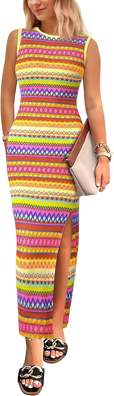 PRETTYGARDEN Womens Maxi Tank Spring Dress Sleeveless Crew Neck Striped Side Slit Casual Long Bodycon Dresses