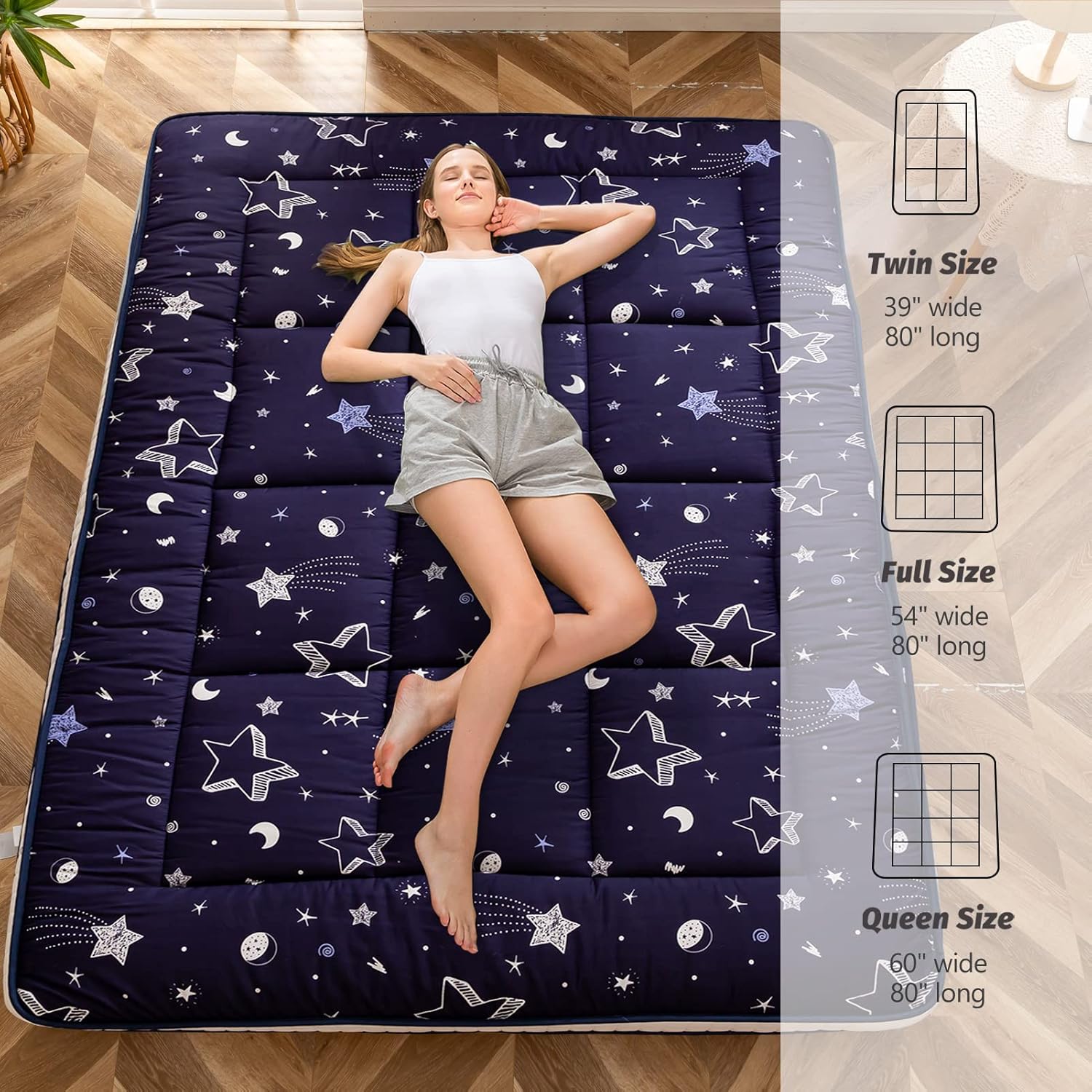MAXYOYO Navy Star Futon Mattress, Padded Japanese Floor Mattress Quilted Bed Mattress Topper, Extra Thick Folding Sleeping Pad Breathable Floor Lounger Guest Bed for Camping Couch, Queen
