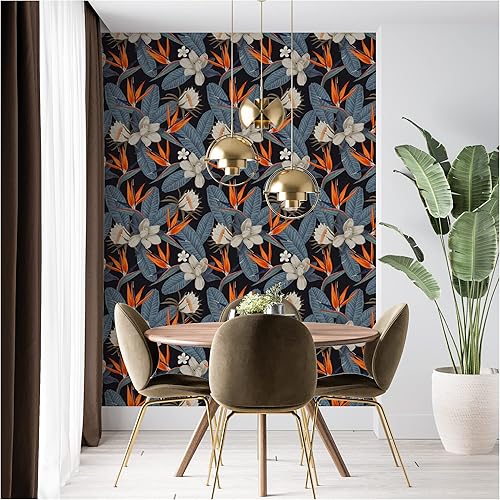 Miniatura 2 de UniGoos Papel tapiz floral blanco para despegar y pegar, fondo negro, papel de contacto con flor de palmera azul, vinilo autoadhesivo vintage, rollo