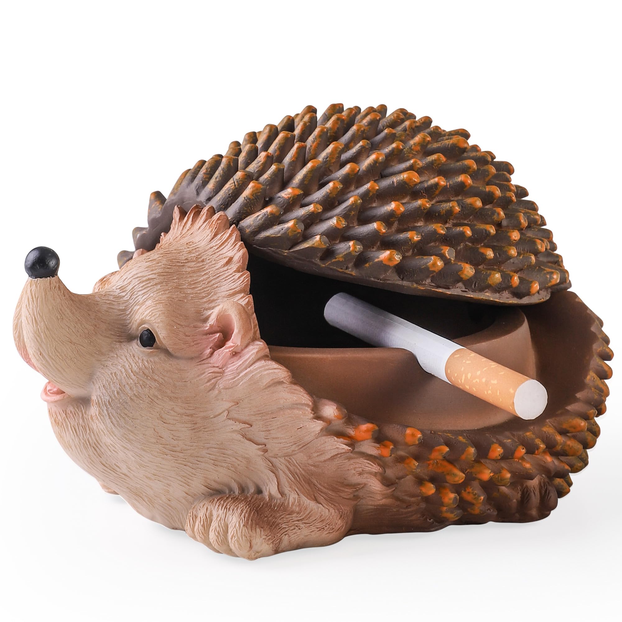 Ashtray, Outdoor Ashtray with Lid Smokeless Waterproof Ash Tray with Cute Hedgehog Decor, Resin Ashtray for Cigarettes Home Office, Porch Patio Decorations Outdoor Indoor Ashtray（White）