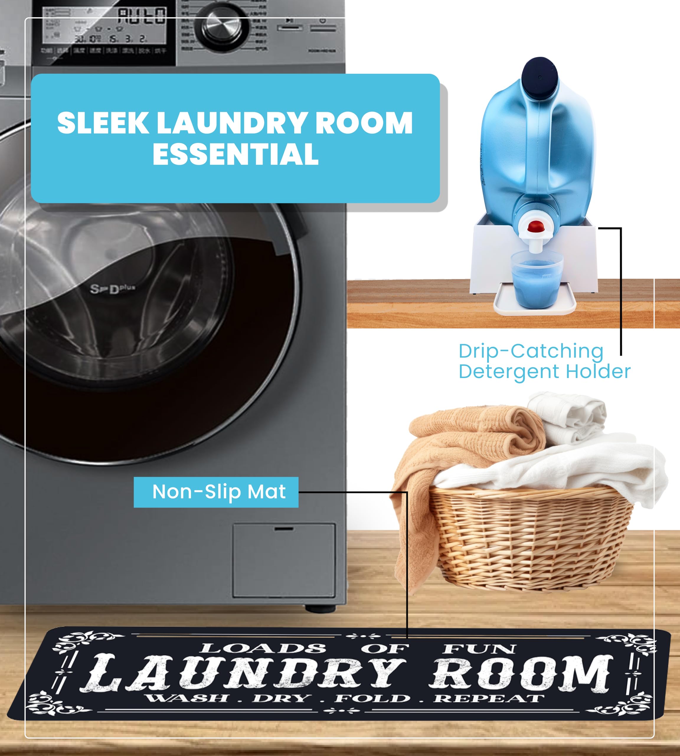 Skywin Uchwyt na detergent do prania z chodnikiem do pralni – uchwyt na kubek na detergent do prania z tacą ociekową i dywanikami do prania do dekoracji pralni i akcesoriów – niezbędna organizacja