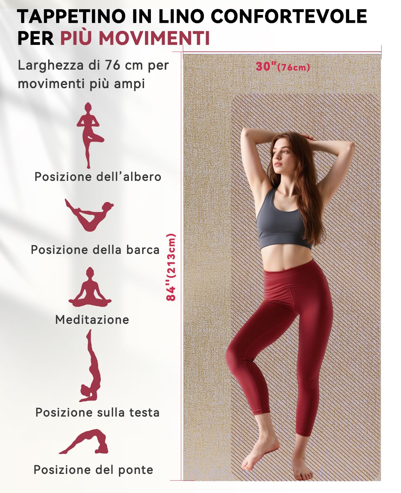 HAPBEAR Tappetino Yoga XXL 213×76cm – Tappetino Palestra Grande in Lino Naturale 6mm, Antiscivolo e Spesso – Tappeto Yoga per Casa, Pilates, Allenamento, Stretching e Fitness
