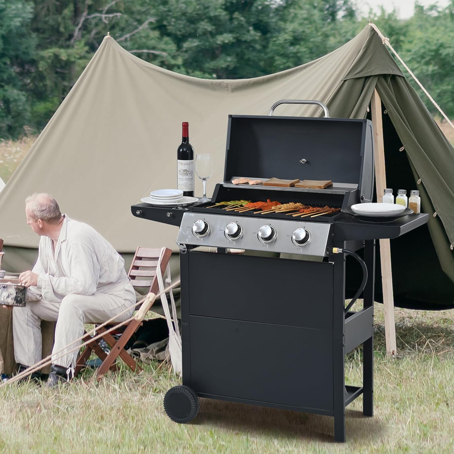 4-Burners Propane Gas BBQ Grill gas grill outdoor wtih Porcelain-Enameled wire cooking grates and two foldable tables, 34200 BTU Output for Outdoor Cooking Kitchen and Patio Backyard Barbecue 4-Burners Propane Gas BBQ Grill gas grill outdoor wtih Porcelain-Enameled wire cooking grates and two foldable tables, 34200 BTU Output for Outdoor Cooking Kitchen and Patio Backyard Barbecue