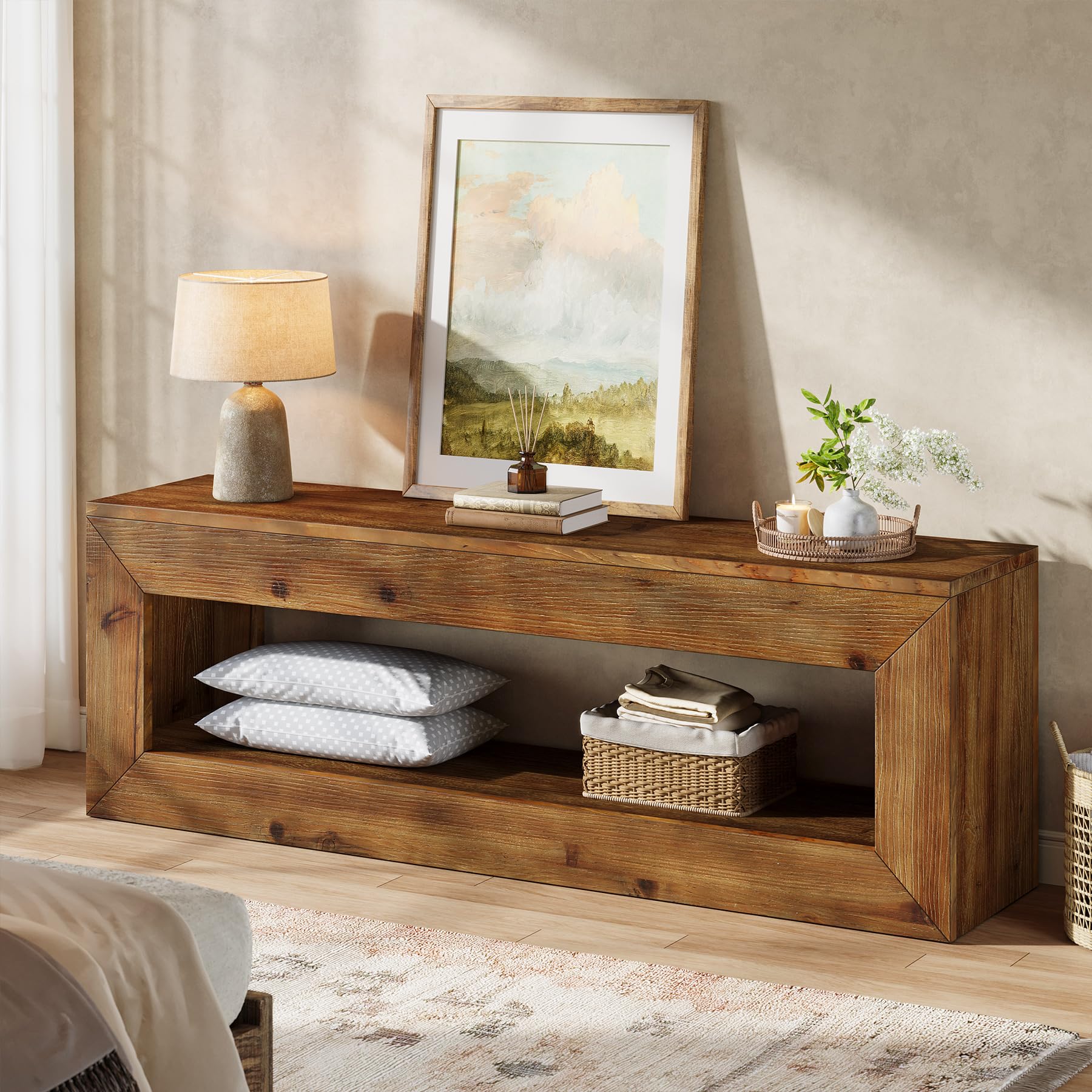 Meuble TV en Bois Massif, Meuble pour télévision Style Campagne jusqu'à 55 Pouces,120 cm Meuble sous téléviseur, Banc TV avec Rangement, Console TV pour Salon, Chambre, Marron Rustique