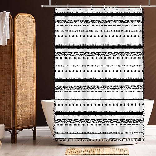 Miniatura 8 de AOFOTO Cortina de ducha bohemia con patrón geométrico de rayas negras para baño, cortina de ducha bohemia moderna para decoración del hogar con