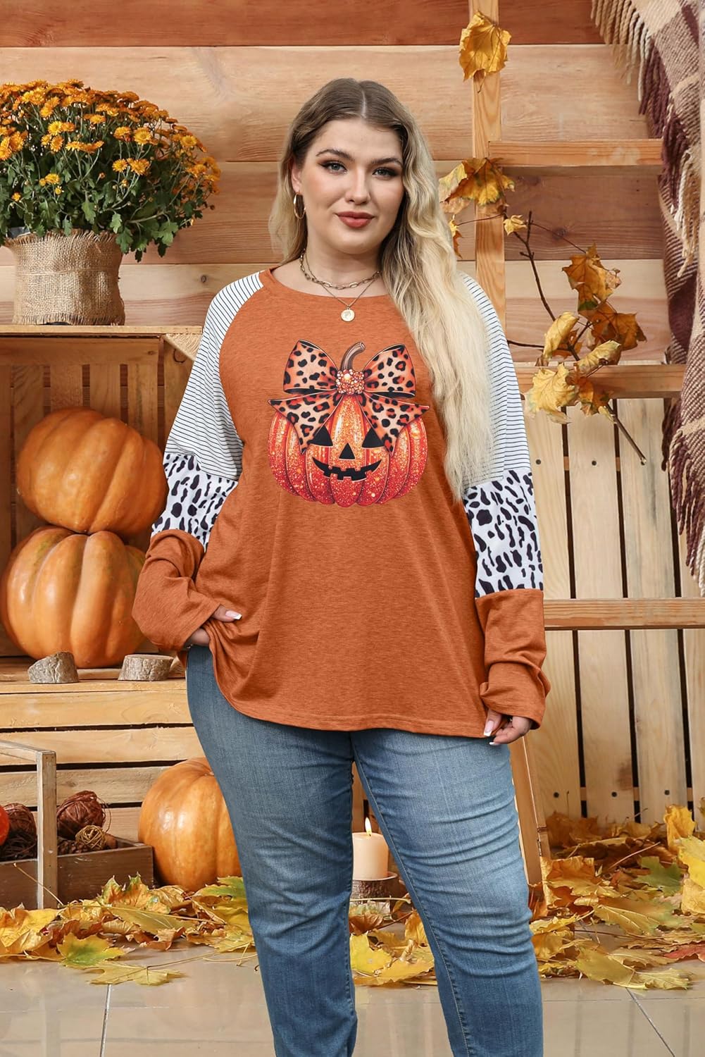 Plus Size Thanksgiving Shirt Thankful Pumpkin Leopard Print Long Sleeve Fall Graphic Tee Cute Turkey Tops - Image 5