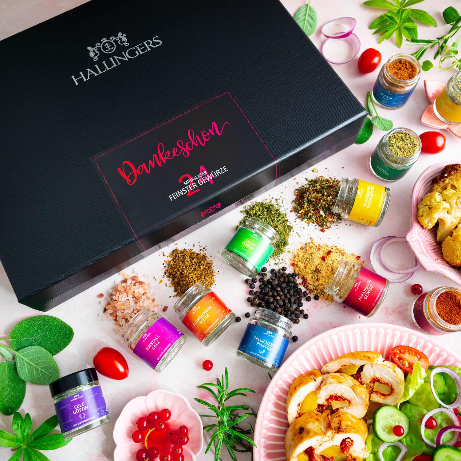 Hallingers Genuss Manufaktur Gewürz Dankeschön-Geschenk-Set - 24 Gewürze aus aller Welt in wertiger Geschenkbox mit Rezept-Booklet "Dankeschön", Geschenkidee für Frauen Männer