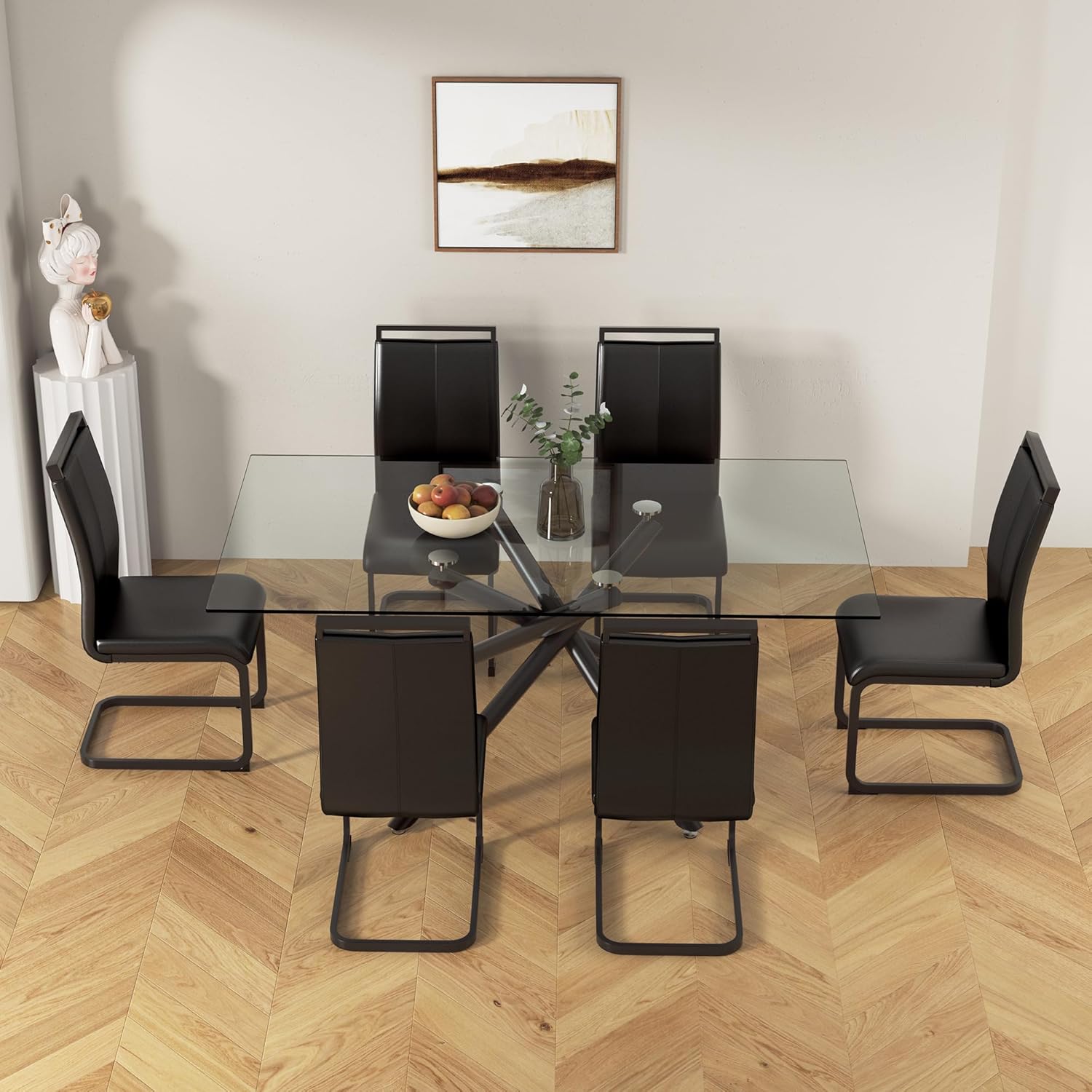 Ebullient 71" Glass Dining Table Set for 6,Modern