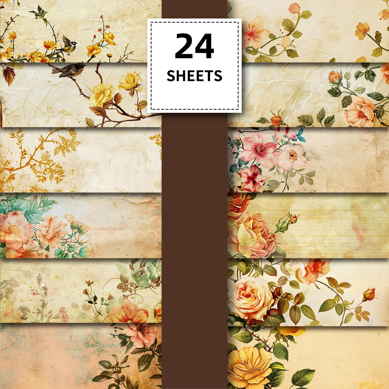 BRTNUP 24 Sheets Scrapbook Paper, Vintage Floral Bird Patterned Papers for Crafting Scrapbooking Background Papers Pads Decoupage Paper Sheets for Scrapbooking Card Making Journaling DIY Projects — image 1