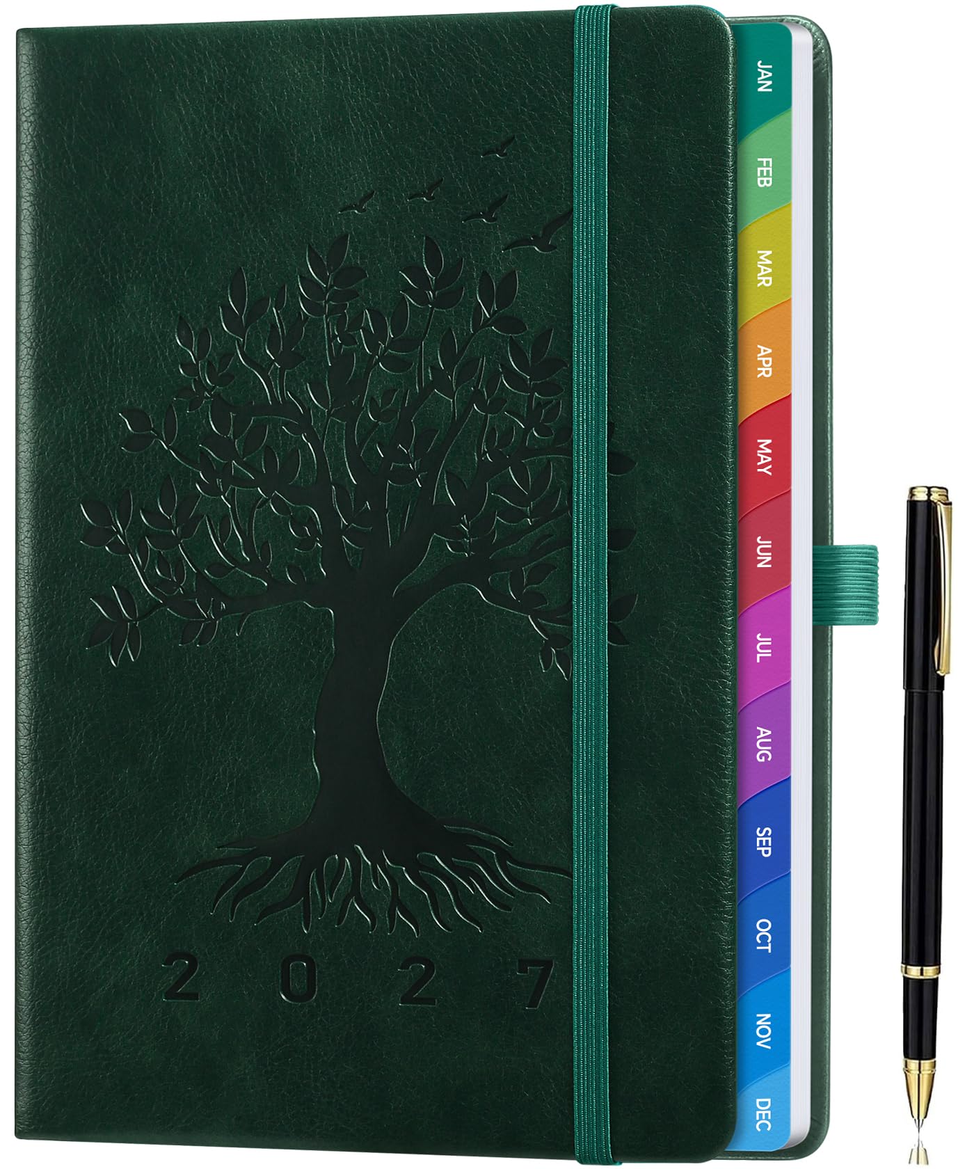 ZXHQ Diary 2027 Week to View A5, Jan to Dec, Weekly & Monthly Full Year Planner, UK Holidays, Colourful Monthly Tabs, Fine Inner Pocket, Hardcover, Pen Set, 5.9" × 8.5" - Forest Green