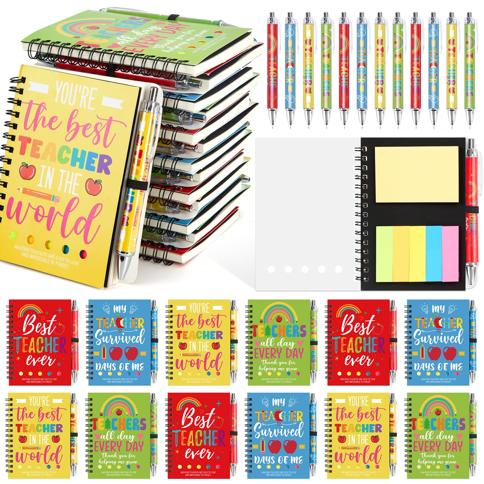 Piuaeue 48 Pcs/24 Set Valentines Teacher Appreciation Gifts Cute Funny Teacher Notebooks with 24 Ballpoint Pens Best Teacher Spiral Notebooks for