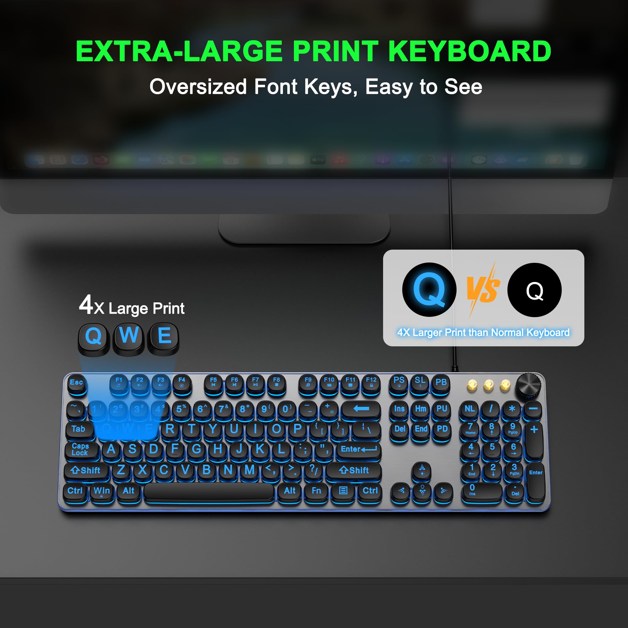 QUASIO Große, beleuchtete Tastatur mit Hintergrundbeleuchtung in 7 Farben, kabelgebunden, USB-beleuchtete Computer-Tastaturen, übergroße Buchstaben, leicht zu sehen, beleuchtete Tastatur für PC