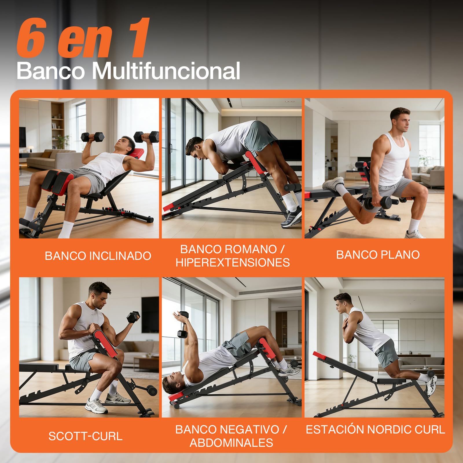 DH FitLife Banco de pesas ajustable 6 en 1 350 kg, multifuncional plegable para press de banca y entrenamiento completo en casa y gimnasio