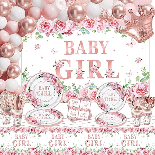 227 piezas de decoraciones de baby shower para niñas, suministros de fiesta de revelación de género, juego de vajilla, platos, servilletas, telón de