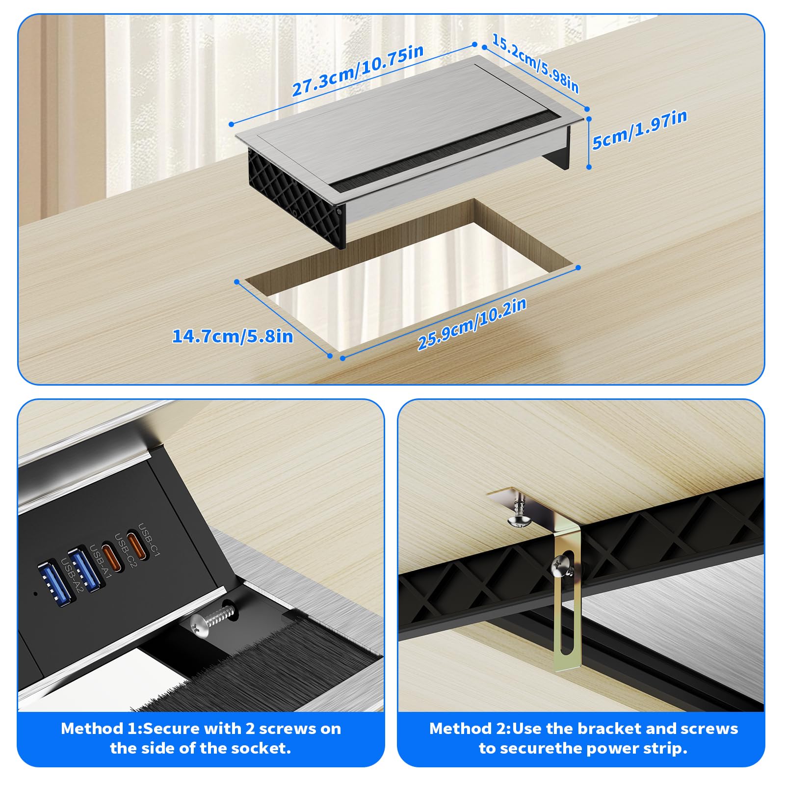 Wysuwane gniazdko z aluminium z USB-C PD 30 W, gniazdko do zabudowy z 3 gniazdami i 4 portami USB, wpuszczane gniazdko na biurko i do kuchni, regulowany kąt, kabel 1,8 m, kolor srebrny