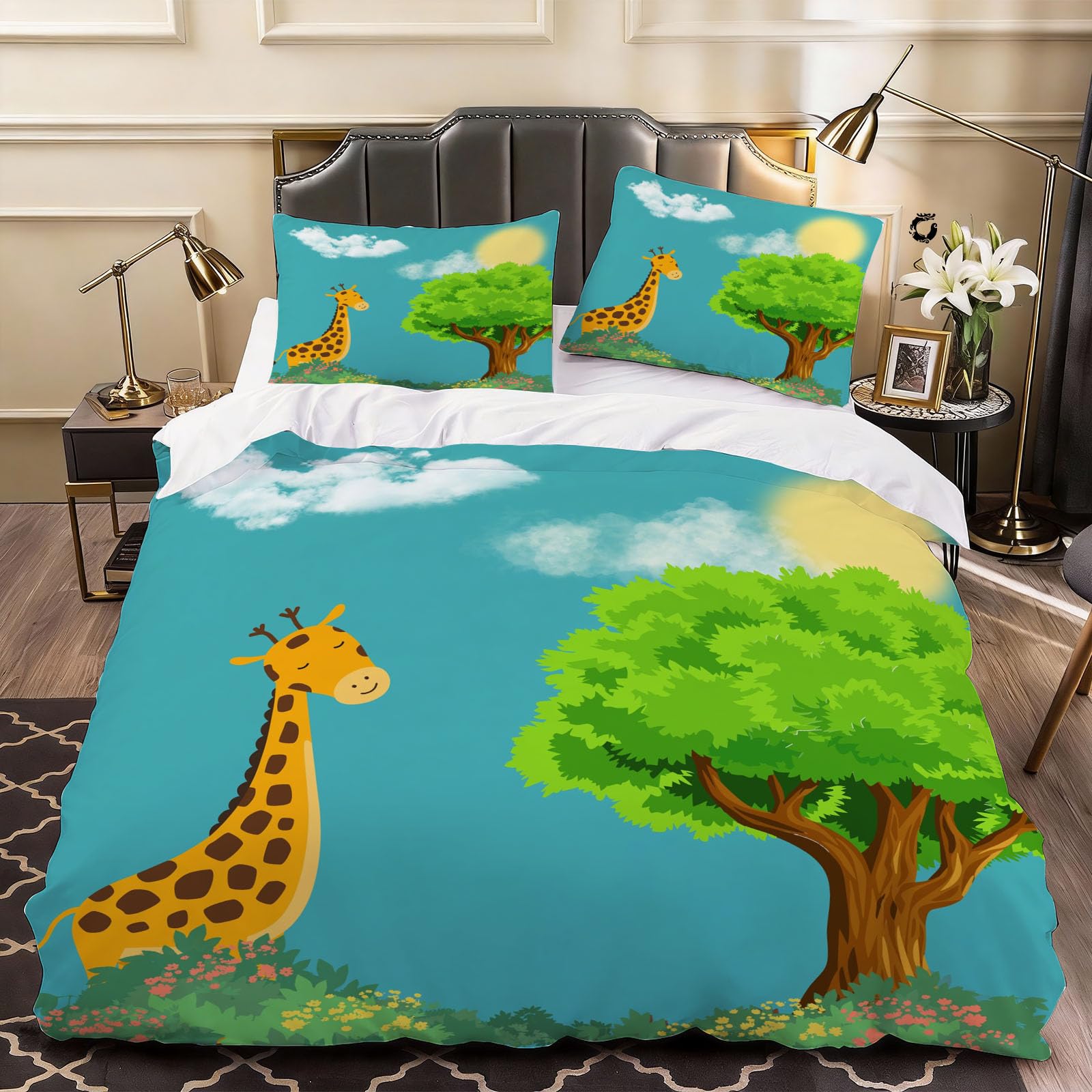 3D Giraffe Duvet Cover Cartoon Bedding Double Bed Set, Soft Microfiber Comforter Cover Printed with Zipper Closure Quilt Coverr 200x200 cm and 2 Pillowcases
