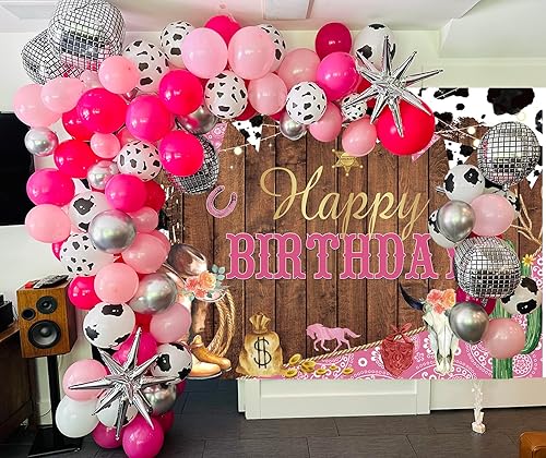 Miniatura 2 de Fondo de vaquera para fiesta de cumpleaños, vaquera occidental, feliz cumpleaños, fotografía de fondo blanco y negro, estampado de vaca rosa, granja