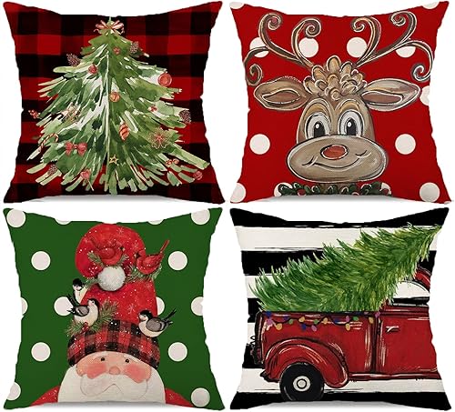 Juego de 4 fundas de almohada de Navidad de 18 x 18 pulgadas, diseño de lunares, a cuadros, acuarela, árbol de Navidad, camión, Papá Noel, pájaro,