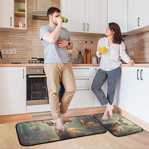 Miniatura 4 de Deer Butterfly Kitchen Mat 2 Pcs Set, Low Pile Kitchen Rugs Cushioned Water Absorbent Washable Floor Mats for Kitchen Sink Laundry Room