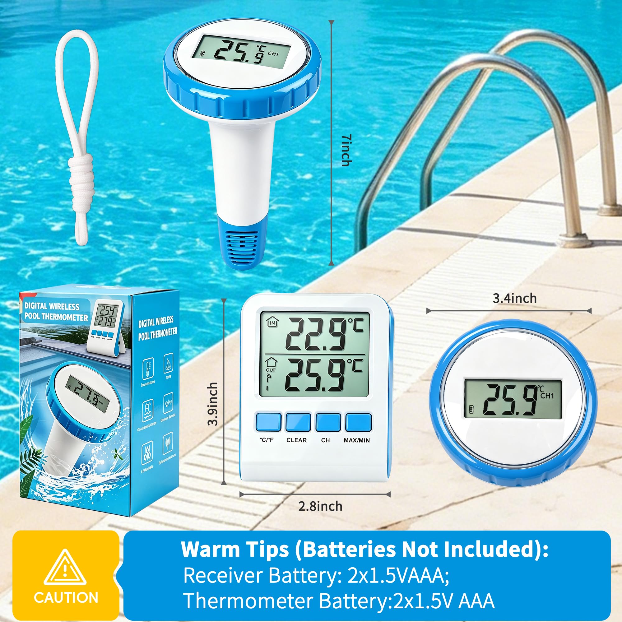 Thermomètre numérique sans fil pour piscine, thermomètre flottant, étanche IPX8, thermomètre à 3 canaux pour piscines, baignoires, aquariums, jacuzzis et spas, utilisable en intérieur et en extérieur