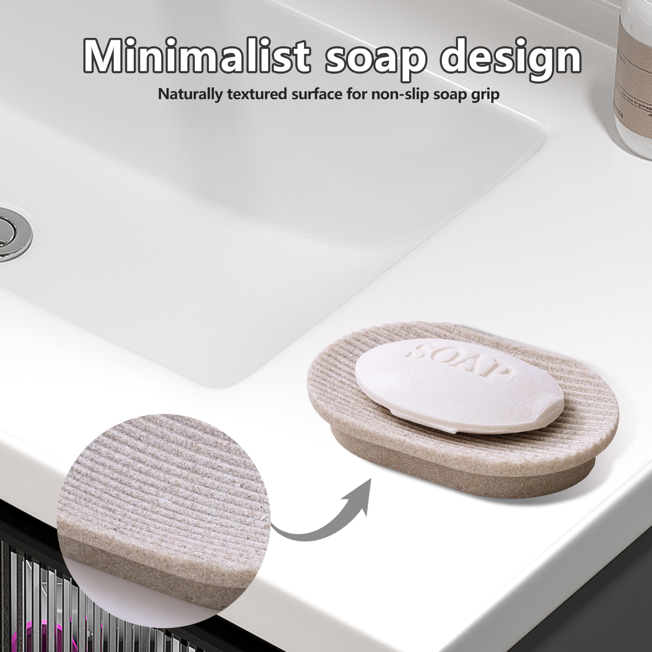 Badezimmer Set 4-TLG Beige | Seifenspender + Zahnputzbecher Set mit Halter & Seifenschale | Streifen-Design aus Polyharz | Bruchsicher, Wasserdicht & Anti-Rutsch