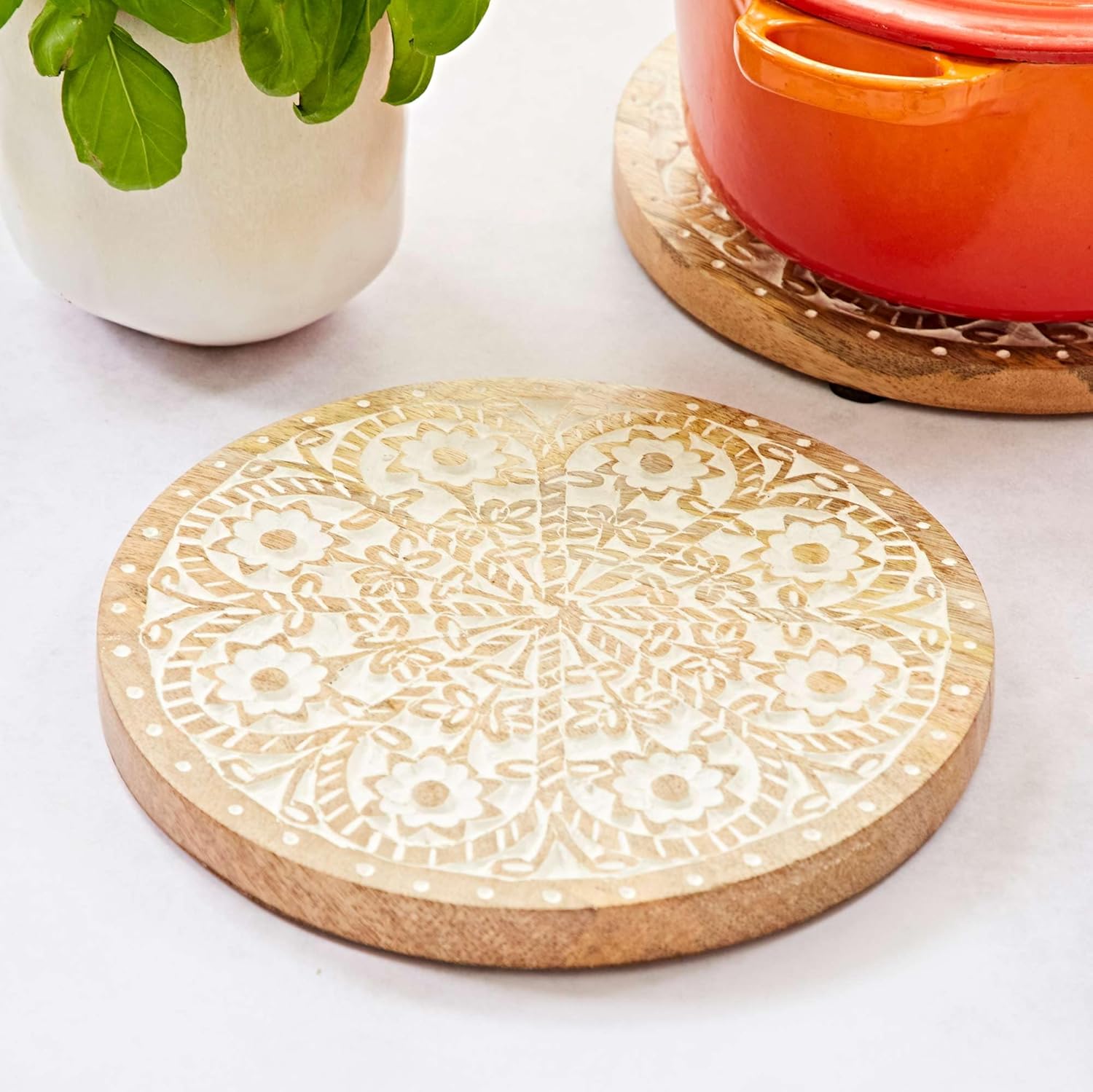 Round Floral Carved Mango Wood Trivet