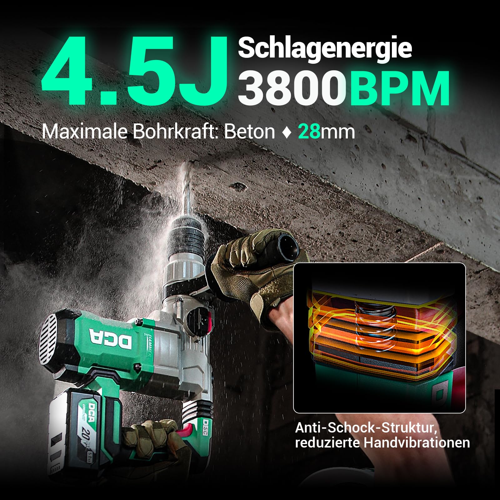 DCA Accu-klopboormachine, 20 V, 4,5 J en 3800 BPM, 4 stuks, 28 mm SDS-Plus, krachtige klopboormachine met vibratiecontrole, 5,0 Ah accu, 4 A oplader
