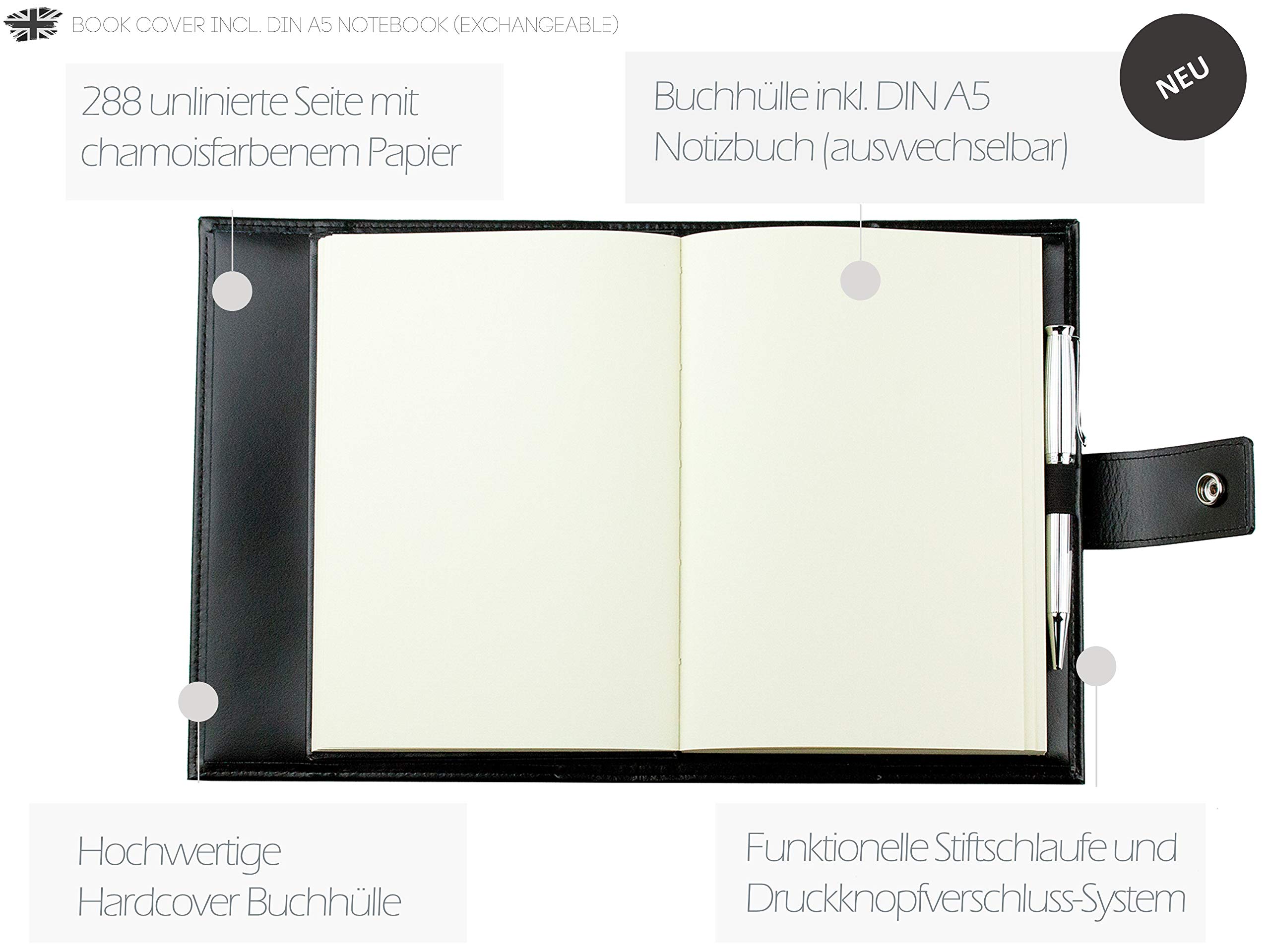 DELMON VARONE - Personalisierbares Notizbuch DIN A5 (auswechselbar) mit Verschlusslasche, Kartenfächer & Stiftschlaufe aus Cambridge Top Grain Leder Schwarz -Blanko Buch unliniert im Hardcover-Einband