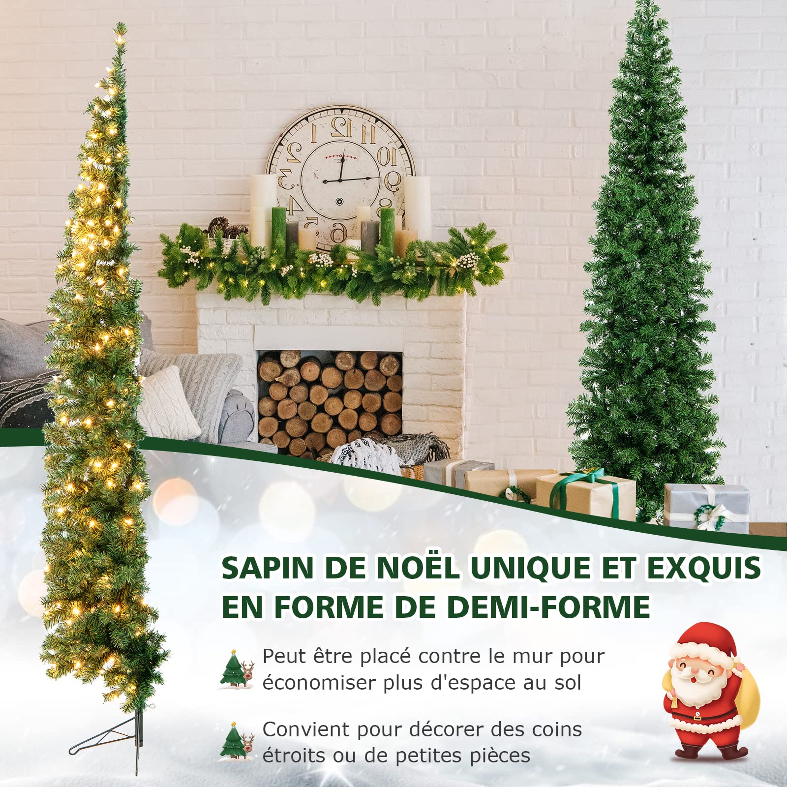 COSTWAY Sapin de Noël Moitié Artificiel 210 cm, 150 Lumières LED Blanc Chaud, Arbre Pliable avec 450 Branches, Support en Métal, Décoration Fête, Convient pour Les Coins