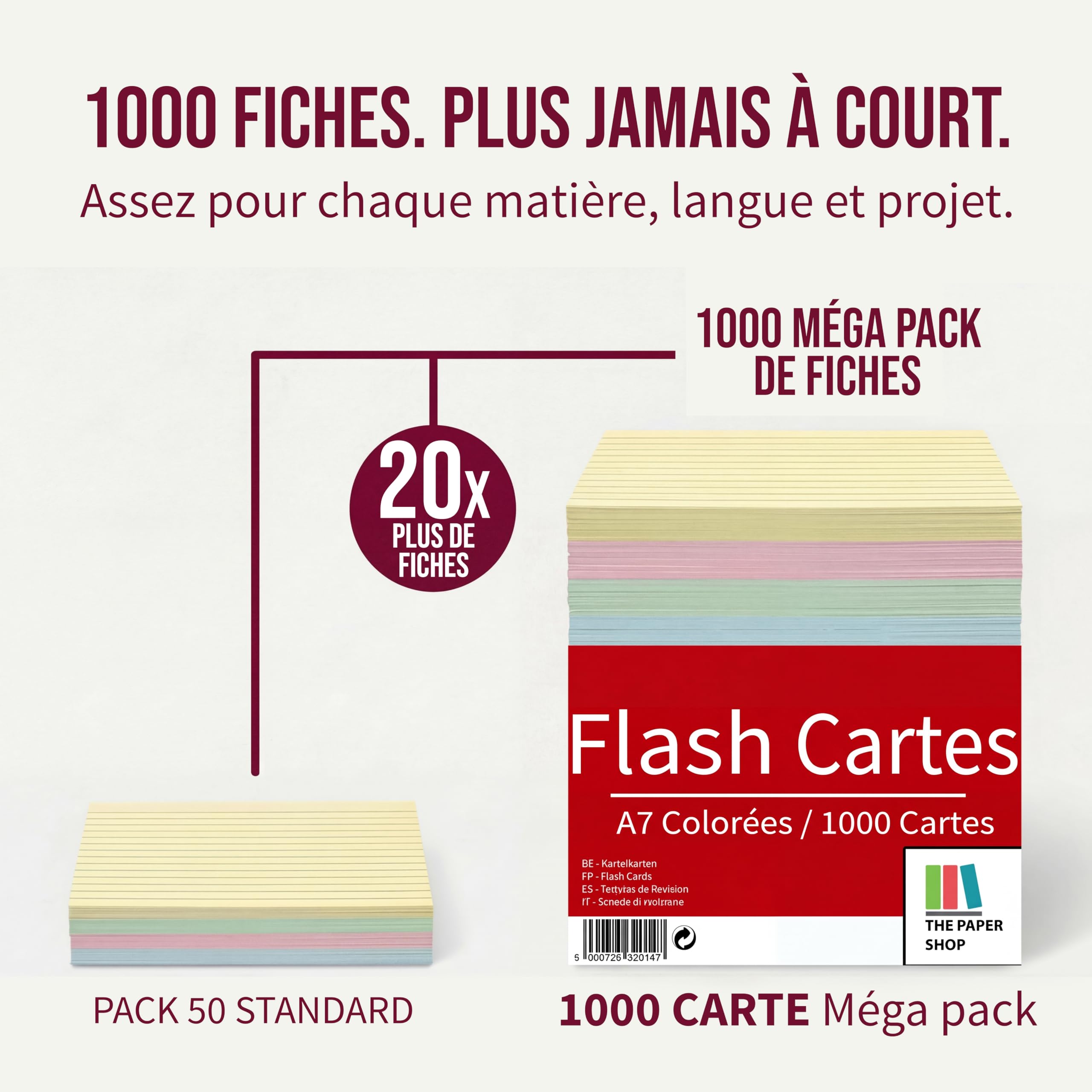 The Paper Shop Fiches de Révision A7 Couleur Lignées - Fiches Bristol Flash Cards (1000 Fiches) | Cartes Mémoire pour École & Révisions | Index Cards Flashcards 12,7 x 7,6 cm - 1000 Fiches