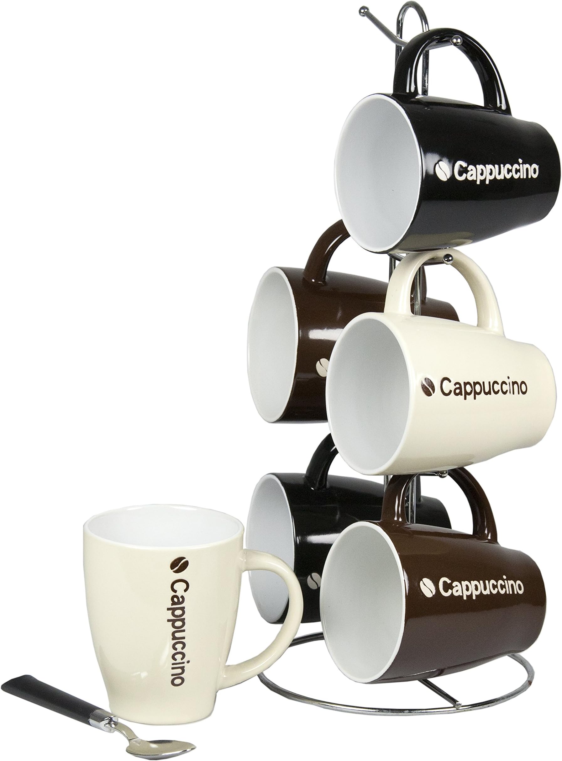 Home Basics Coffee Kitchen Countertop, (Beige/Brown) 6 Mug with Stand, Cappuccino, 7 Piece Set